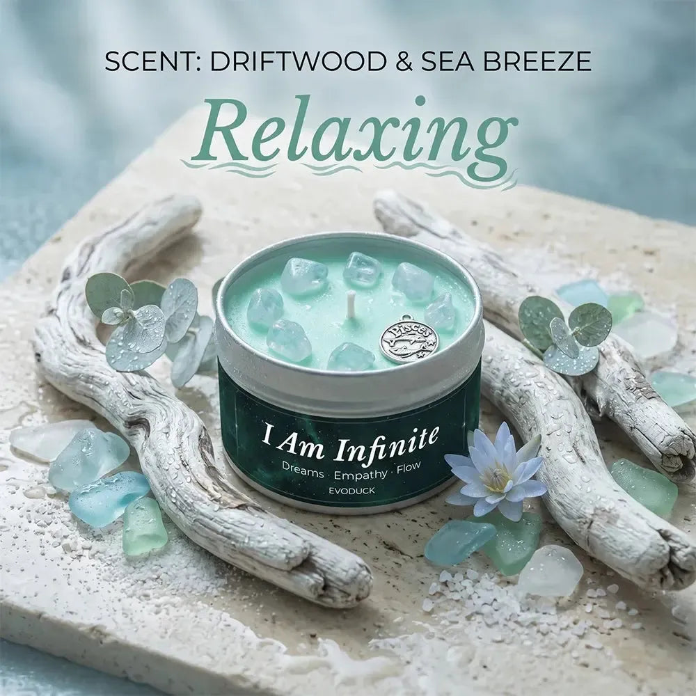 Pisces Candle I Am Infinite with driftwood, sea glass and a water lily flower - Scent Driftwood and Sea Breeze, Relaxing