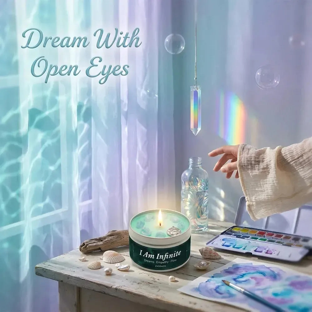 Pisces Candle lit beside a watercolor palette and crystal prism creating rainbow light - Dream With Open Eyes
