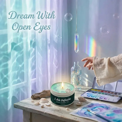 Pisces Candle lit beside a watercolor palette and crystal prism creating rainbow light - Dream With Open Eyes