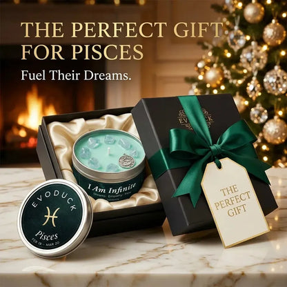 Pisces Candle gift box with green ribbon and gift tag by a fireplace - The Perfect Gift for Pisces, Fuel Their Dreams