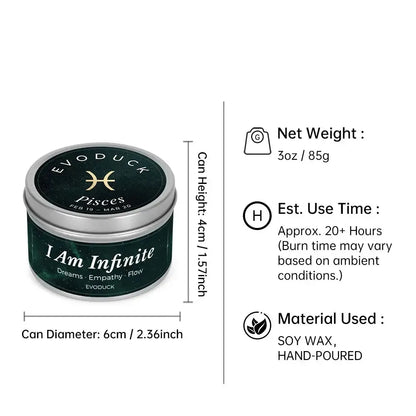 Pisces Candle size specifications infographic - 3oz soy wax candle, 20 hour burn time, hand-poured