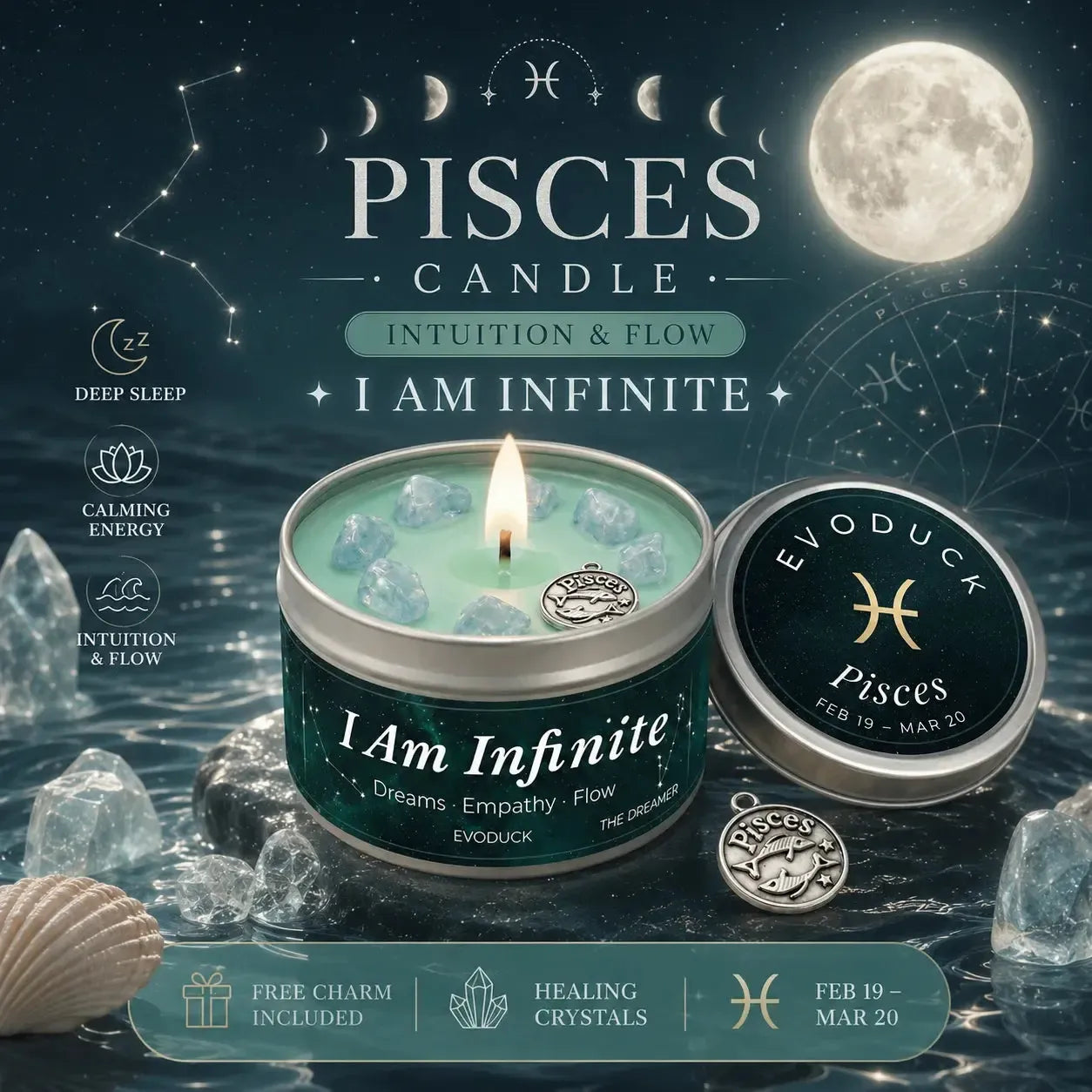 Pisces Zodiac Candle I Am Infinite with aquamarine crystals and Pisces charm under a full moon - Intuition and Flow, Healing Crystals, Free Charm Included