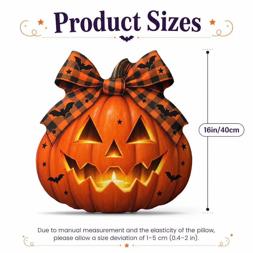 Size guide showing 16 inch / 40 cm: decorative plush pillow featuring jack-o-lantern with buffalo-plaid bow artwork