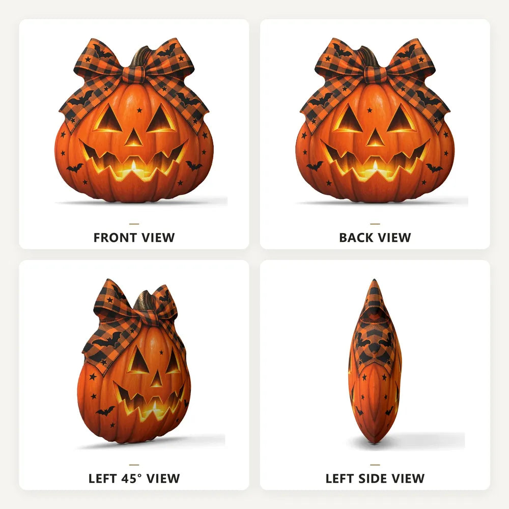 Front, back and side views: decorative plush pillow featuring jack-o-lantern with buffalo-plaid bow artwork