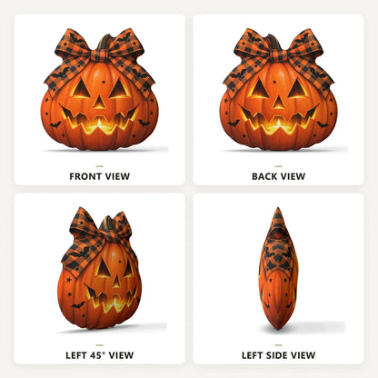 Front, back and side views: decorative plush pillow featuring jack-o-lantern with buffalo-plaid bow artwork