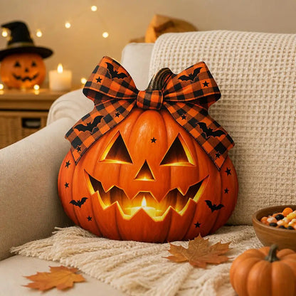 Styled room view: decorative plush pillow featuring jack-o-lantern with buffalo-plaid bow artwork