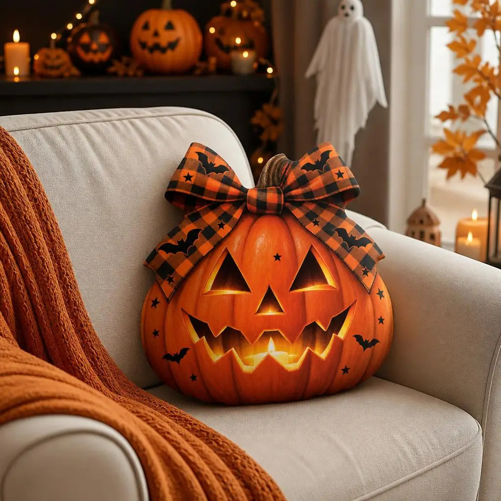Alternate styled room view: decorative plush pillow featuring jack-o-lantern with buffalo-plaid bow artwork