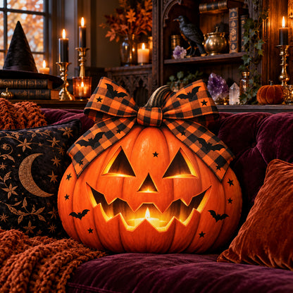 Plaid Bow Jack O Lantern Throw Pillow in a witchy room