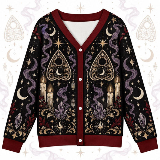 Planchette Candle Crystal Gothic Cardigan for Women Occult Moon Sweater, front view