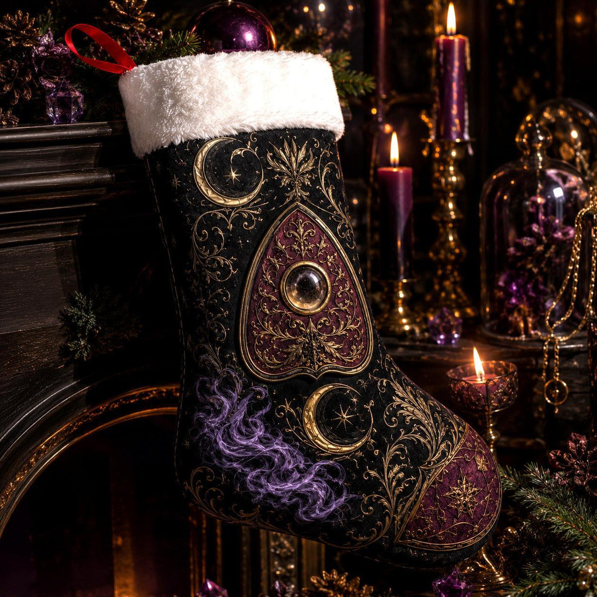 Planchette Christmas Stocking Purple Spirit Board Occult Decor, styled shot 2