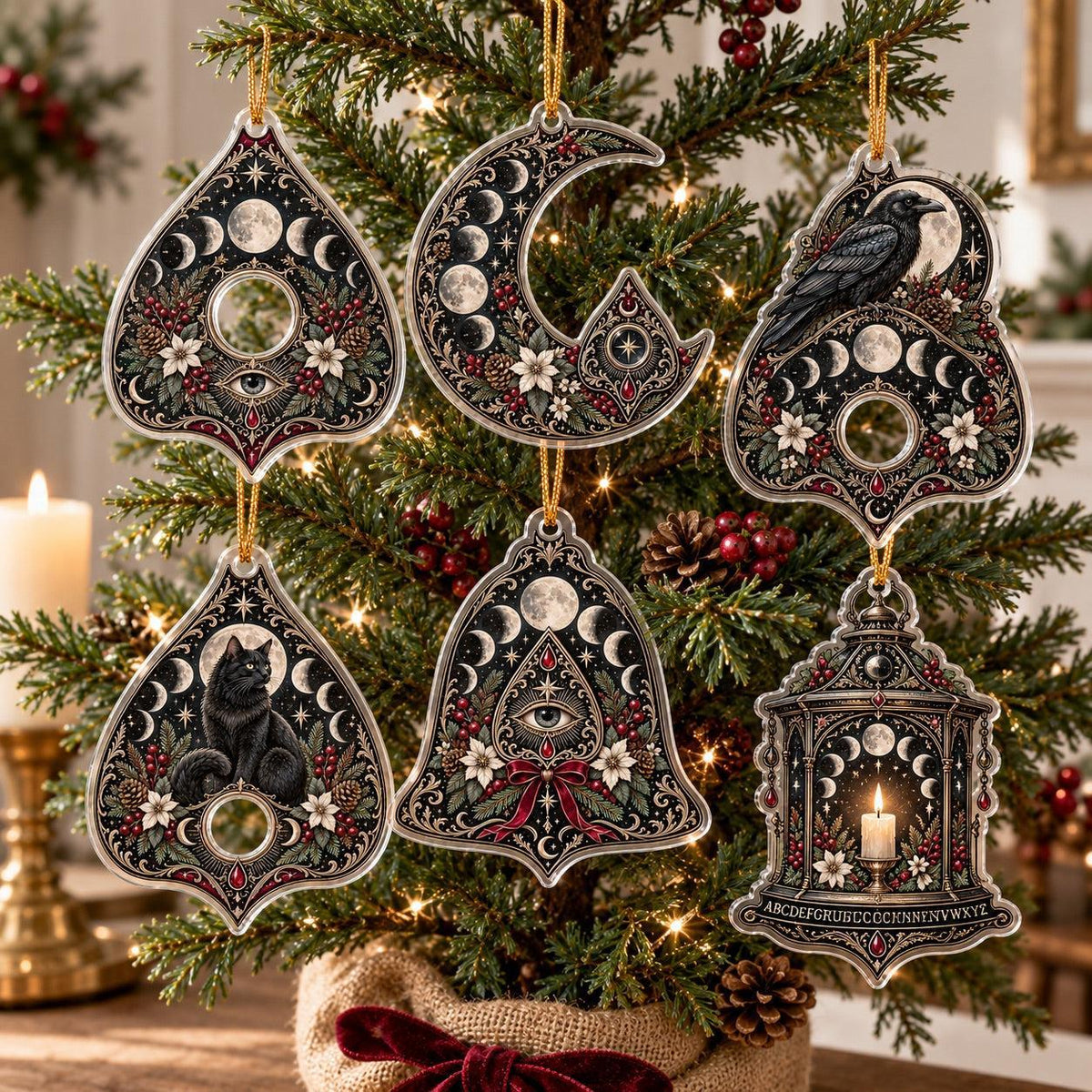 Planchette Moon Phase Gothic Acrylic Ornament Set – Witchy Yule Decor – set of 6, another view