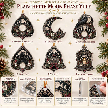 Planchette Moon Phase Gothic Acrylic Ornament Set – Witchy Yule Decor – ornament size and details