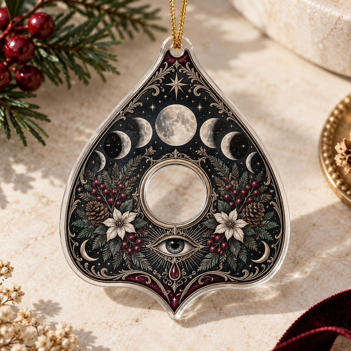 Planchette Moon Phase Gothic Acrylic Ornament Set – Witchy Yule Decor – Ornate Planchette ornament