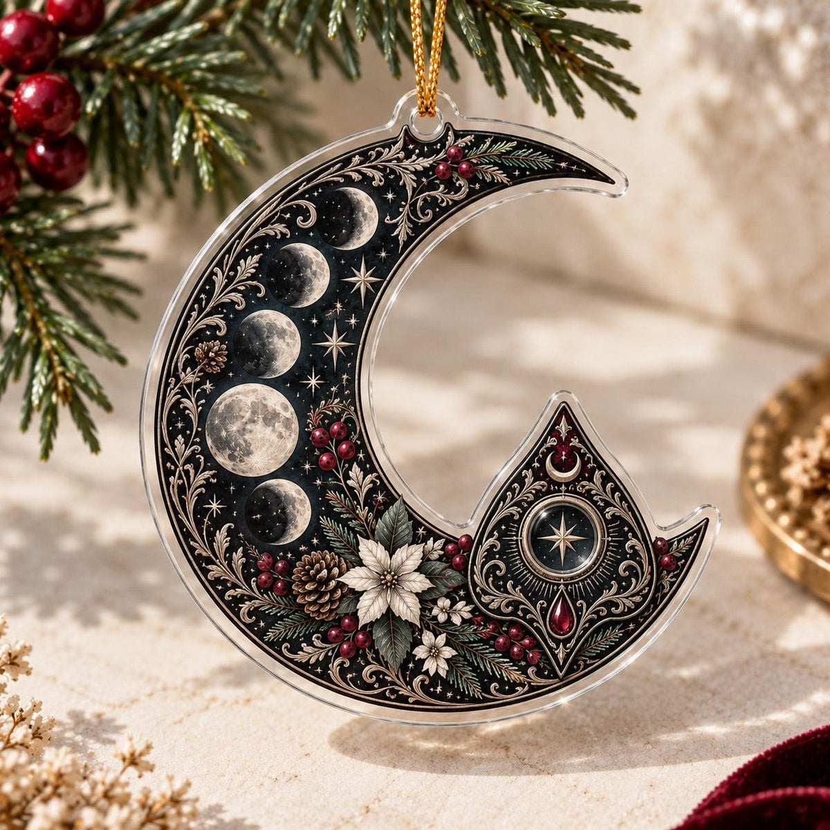 Planchette Moon Phase Gothic Acrylic Ornament Set – Witchy Yule Decor – Crescent Planchette ornament