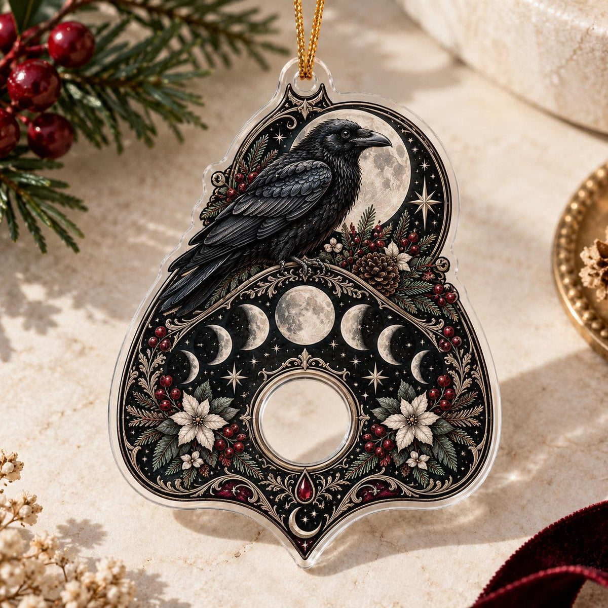 Planchette Moon Phase Gothic Acrylic Ornament Set – Witchy Yule Decor – Raven Planchette ornament