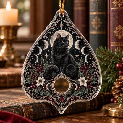 Planchette Moon Phase Gothic Acrylic Ornament Set – Witchy Yule Decor – Black Cat Planchette ornament
