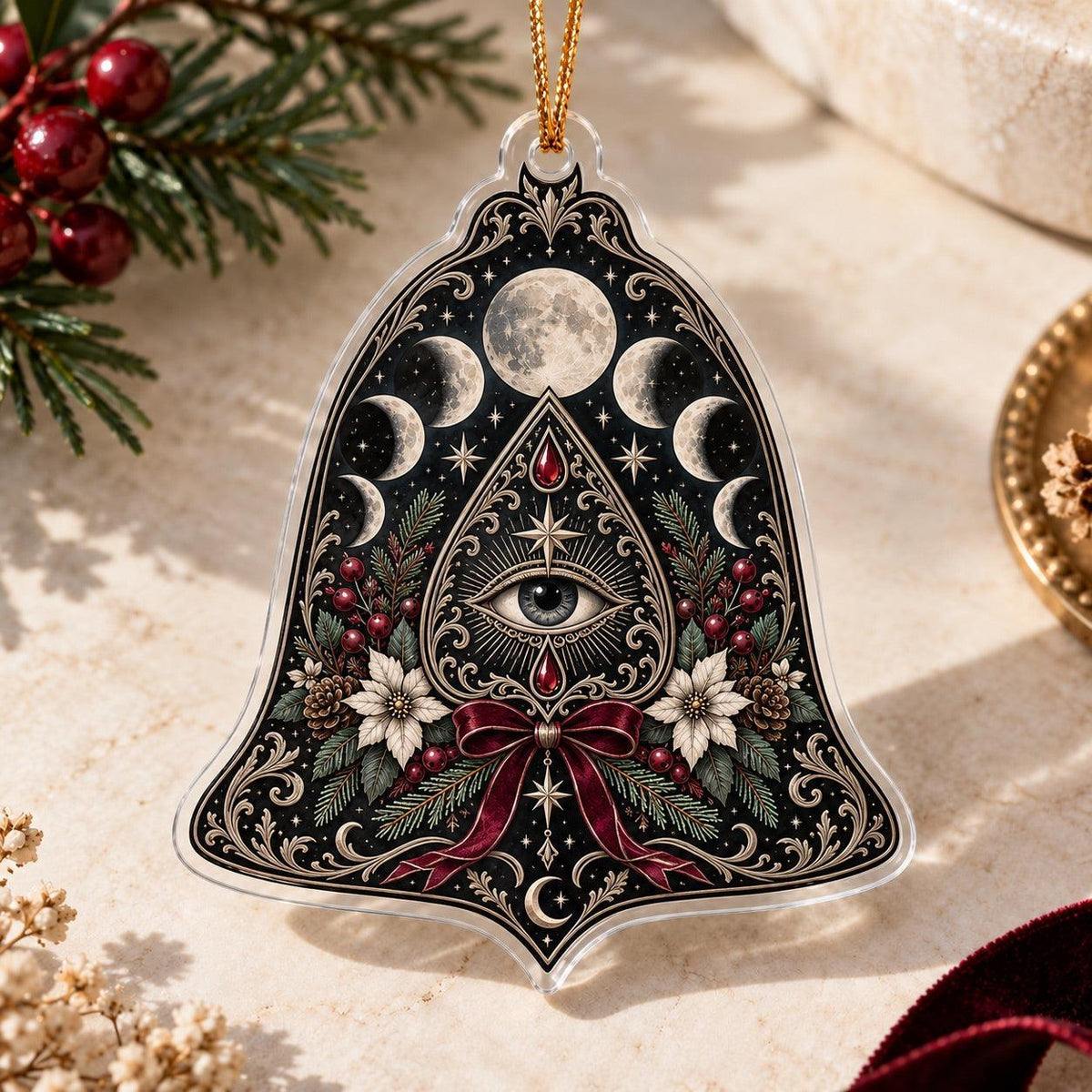 Planchette Moon Phase Gothic Acrylic Ornament Set – Witchy Yule Decor – Yule Bell ornament