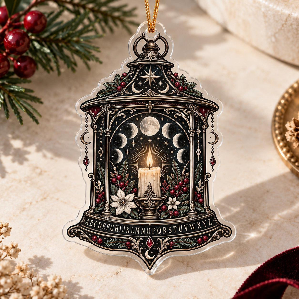 Planchette Moon Phase Gothic Acrylic Ornament Set – Witchy Yule Decor – Candle Lantern ornament