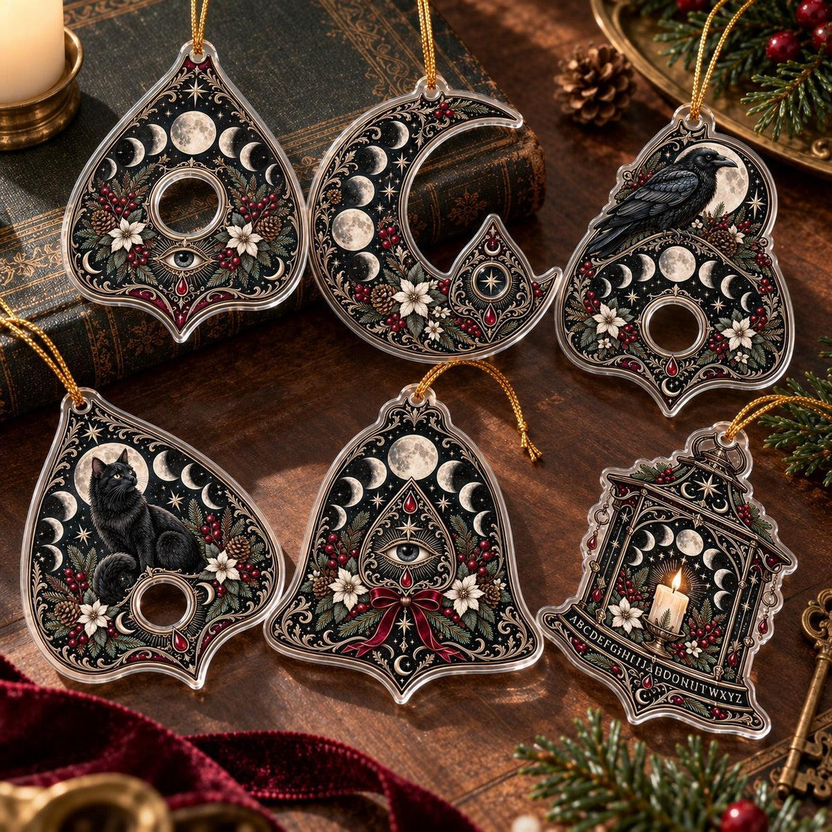 Planchette Moon Phase Gothic Acrylic Ornament Set – Witchy Yule Decor – set of 6, another view