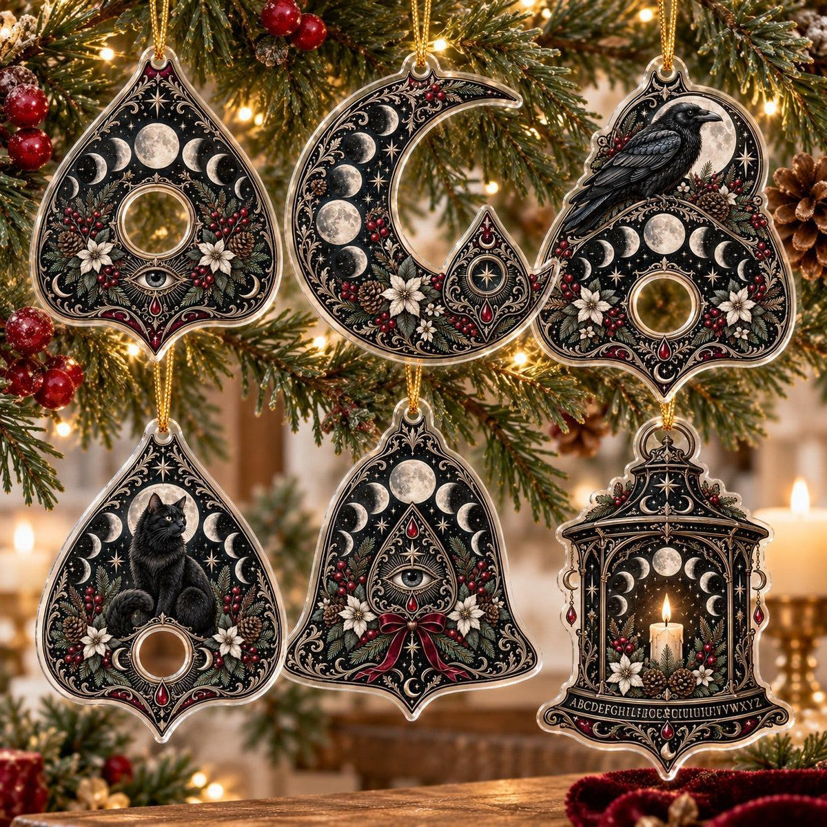 Planchette Moon Phase Gothic Acrylic Ornament Set – Witchy Yule Decor – set of 6 acrylic ornaments