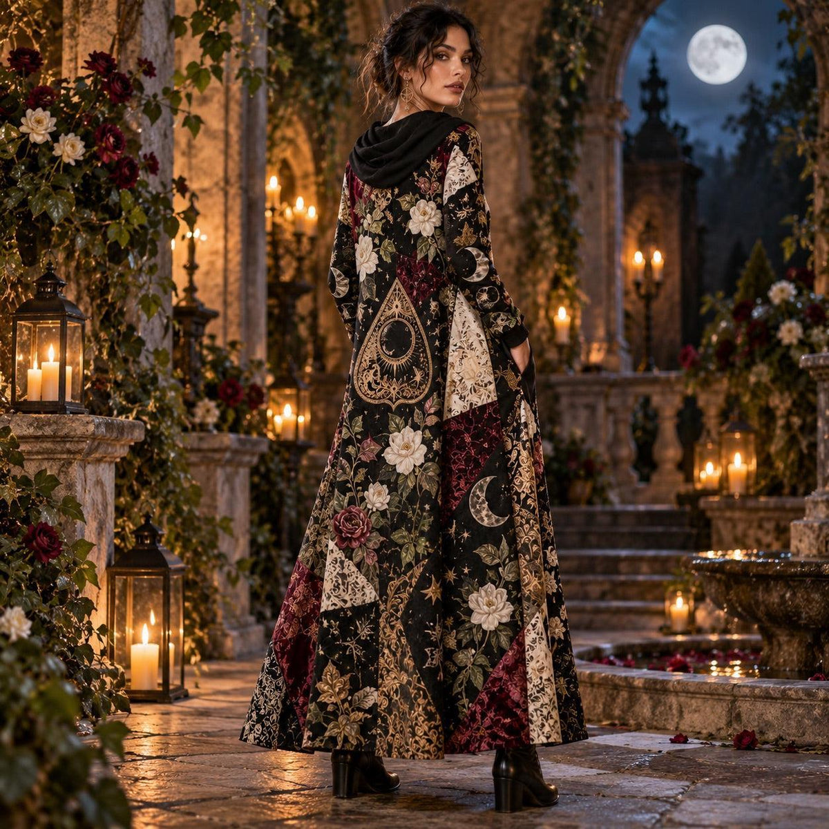 Planchette Night Garden Witchy Cowl Neck Dress – Gothic Rose Maxi – worn, three quarter view