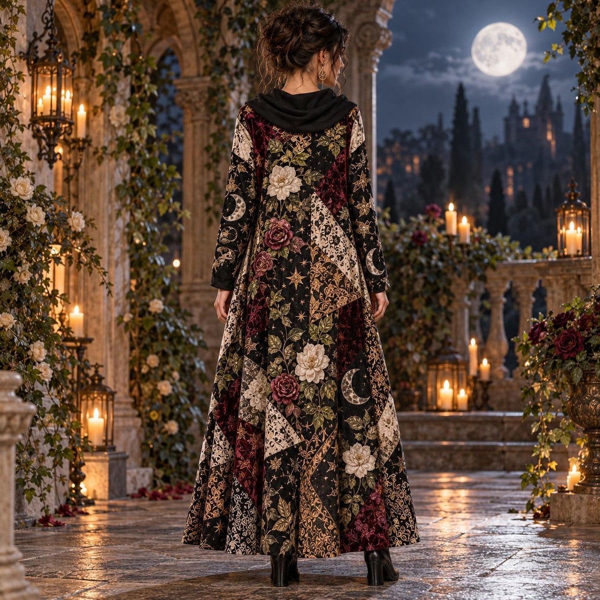 Planchette Night Garden Witchy Cowl Neck Dress – Gothic Rose Maxi – worn, back view