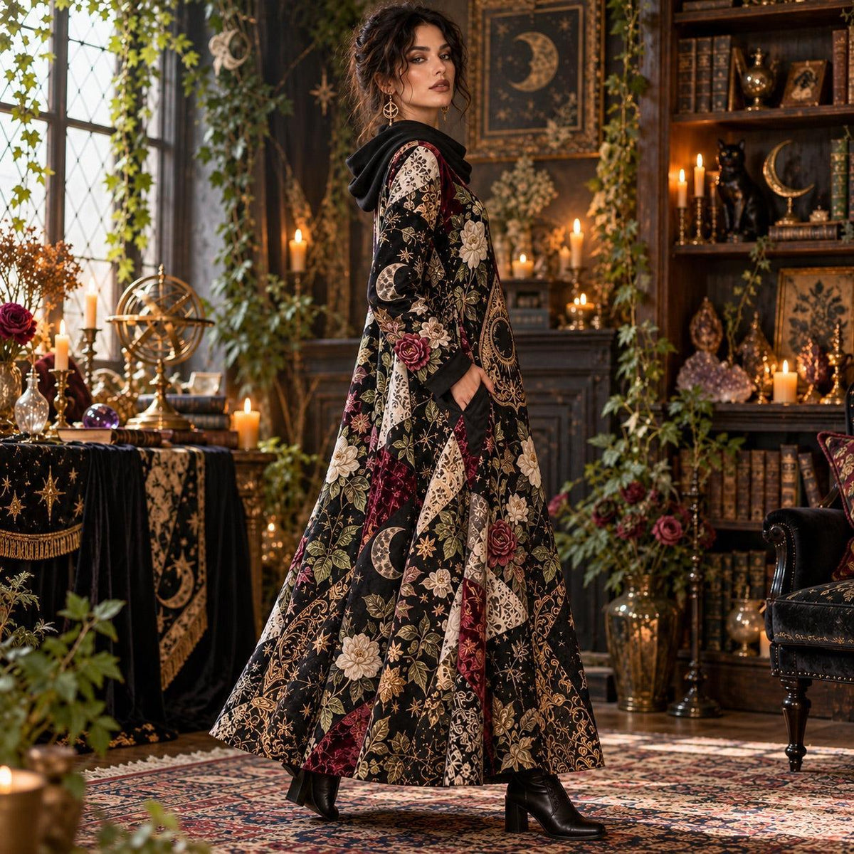 Planchette Night Garden Witchy Cowl Neck Dress – Gothic Rose Maxi – worn, three quarter view