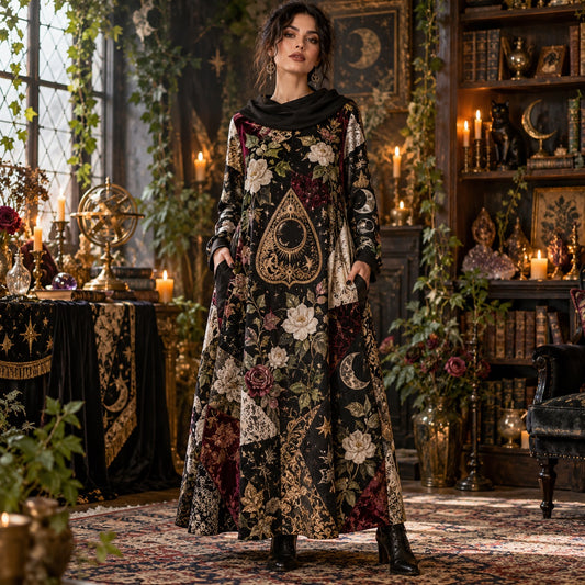 Planchette Night Garden Witchy Cowl Neck Dress – Gothic Rose Maxi – worn, front view
