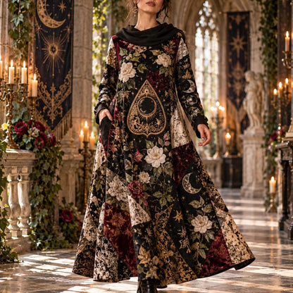 Planchette Night Garden Witchy Cowl Neck Dress – Gothic Rose Maxi – worn, in motion