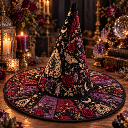 Planchette Quilted Witch Hat – Gothic Spirit Board Rose Wide Brim Hat – styled with candles and crystals