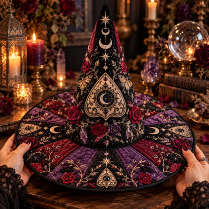 Planchette Quilted Witch Hat – Gothic Spirit Board Rose Wide Brim Hat – held in both hands