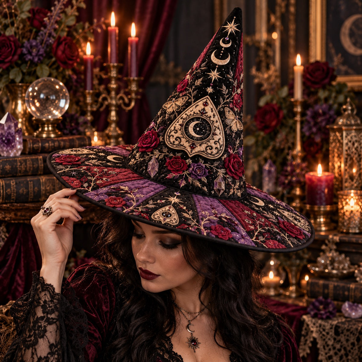 Planchette Quilted Witch Hat – Gothic Spirit Board Rose Wide Brim Hat – worn by a model