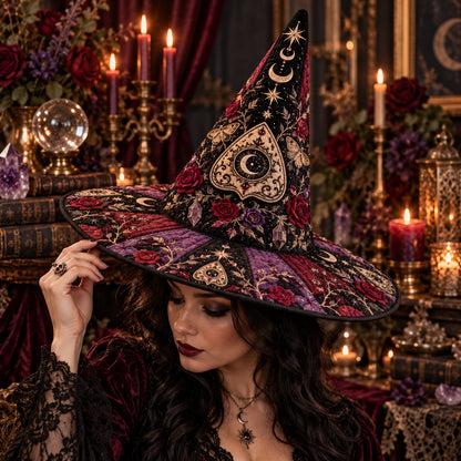 Planchette Quilted Witch Hat – Gothic Spirit Board Rose Wide Brim Hat – worn by a model