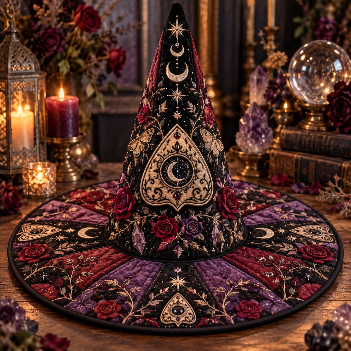 Planchette Quilted Witch Hat – Gothic Spirit Board Rose Wide Brim Hat – on an altar table