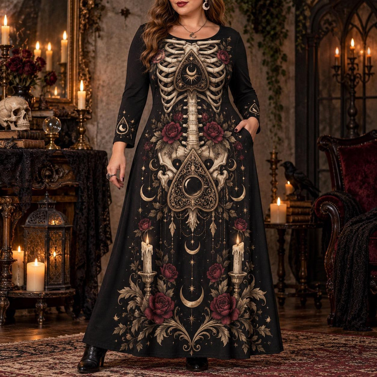 Planchette Skeleton Plus Size Witch Dress – Gothic Rose Long Sleeve Maxi – worn, front view