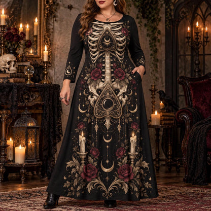 Planchette Skeleton Plus Size Witch Dress – Gothic Rose Long Sleeve Maxi – worn, front view