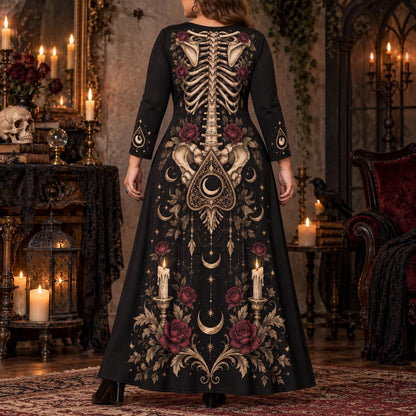 Planchette Skeleton Plus Size Witch Dress – Gothic Rose Long Sleeve Maxi – worn, back view