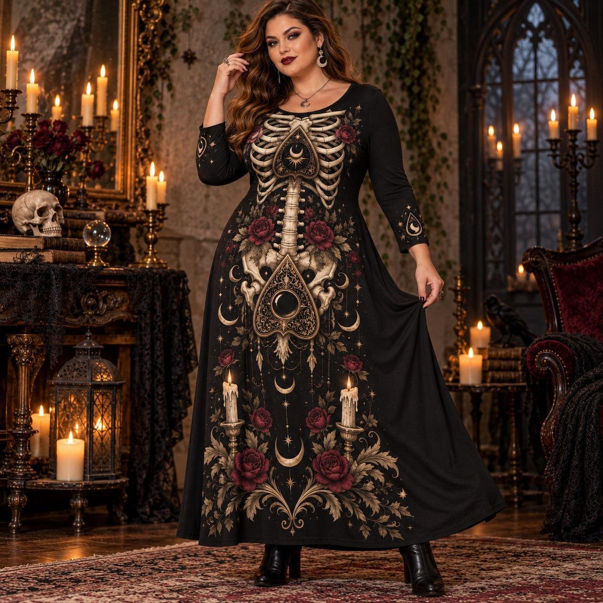 Planchette Skeleton Plus Size Witch Dress – Gothic Rose Long Sleeve Maxi – worn, three quarter view
