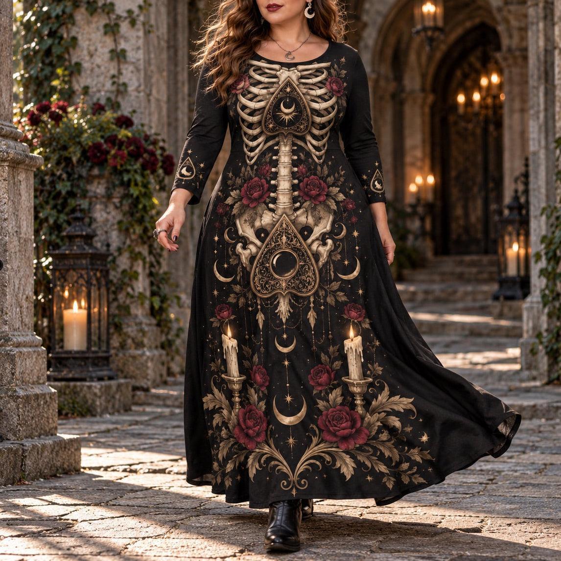 Planchette Skeleton Plus Size Witch Dress – Gothic Rose Long Sleeve Maxi – worn, in motion