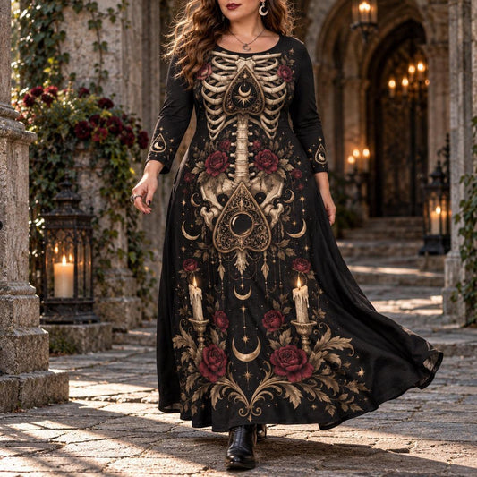 Planchette Skeleton Plus Size Witch Dress – Gothic Rose Long Sleeve Maxi – worn, in motion