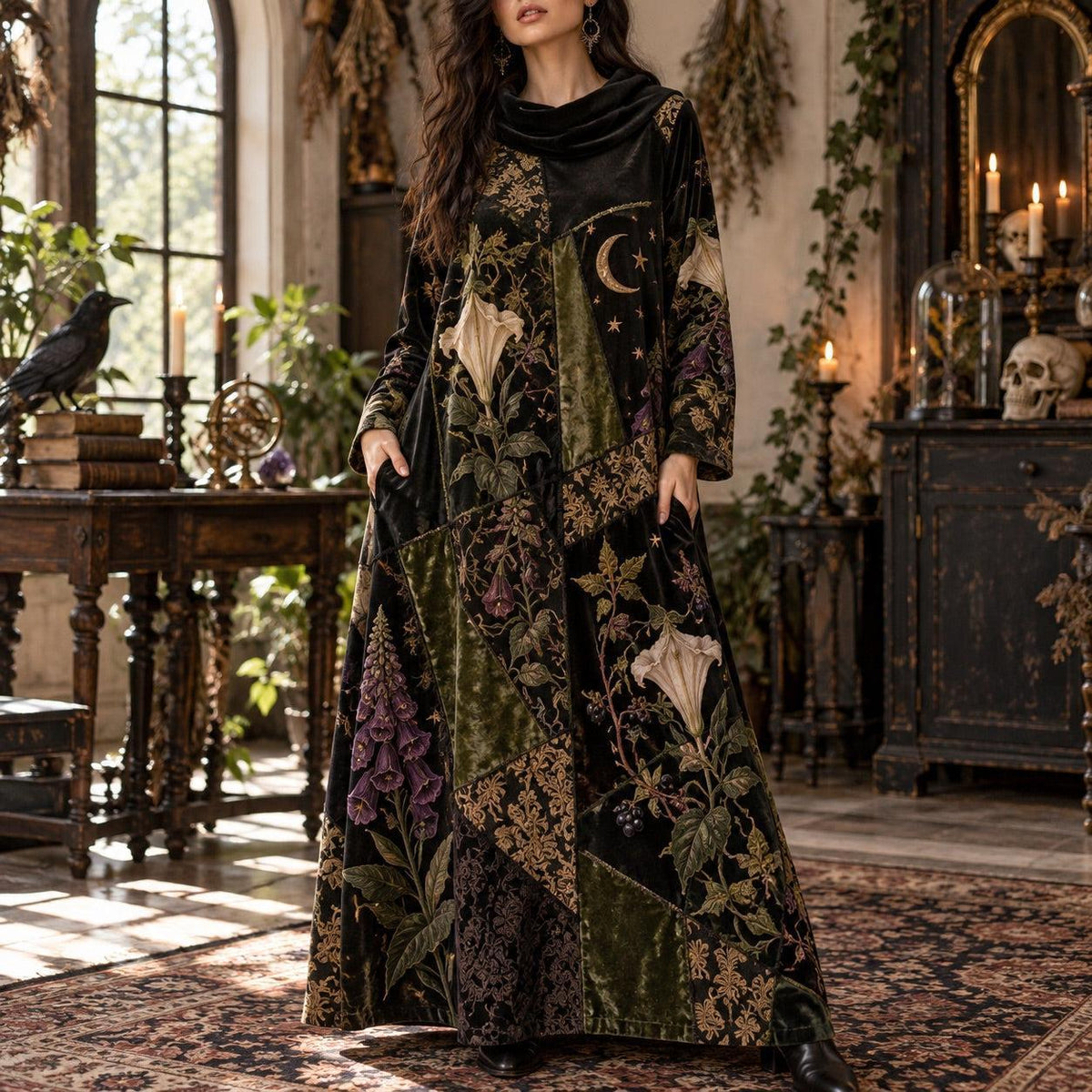 Poison Botanica Noir Gothic Cowl Neck Dress – Witchy Botanical Maxi – worn, front view