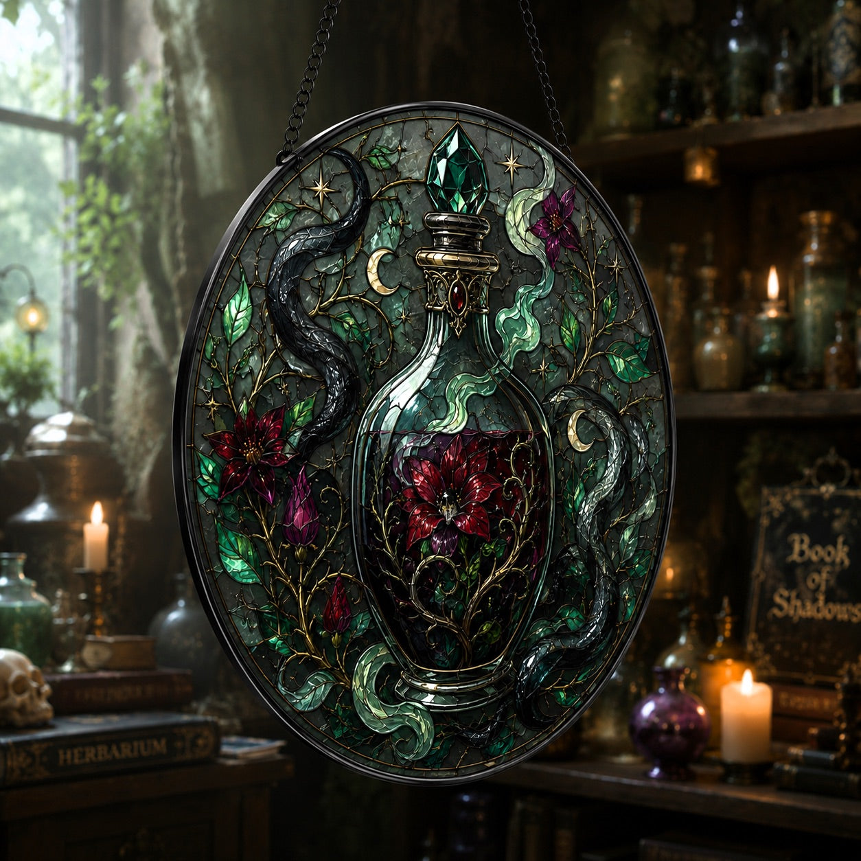 Poison Garden Potion Vial Glass Suncatcher - hanging view
