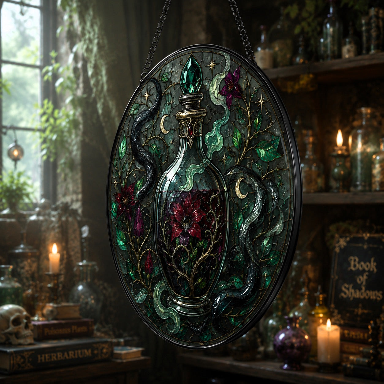 Poison Garden Potion Vial Glass Suncatcher - close up detail