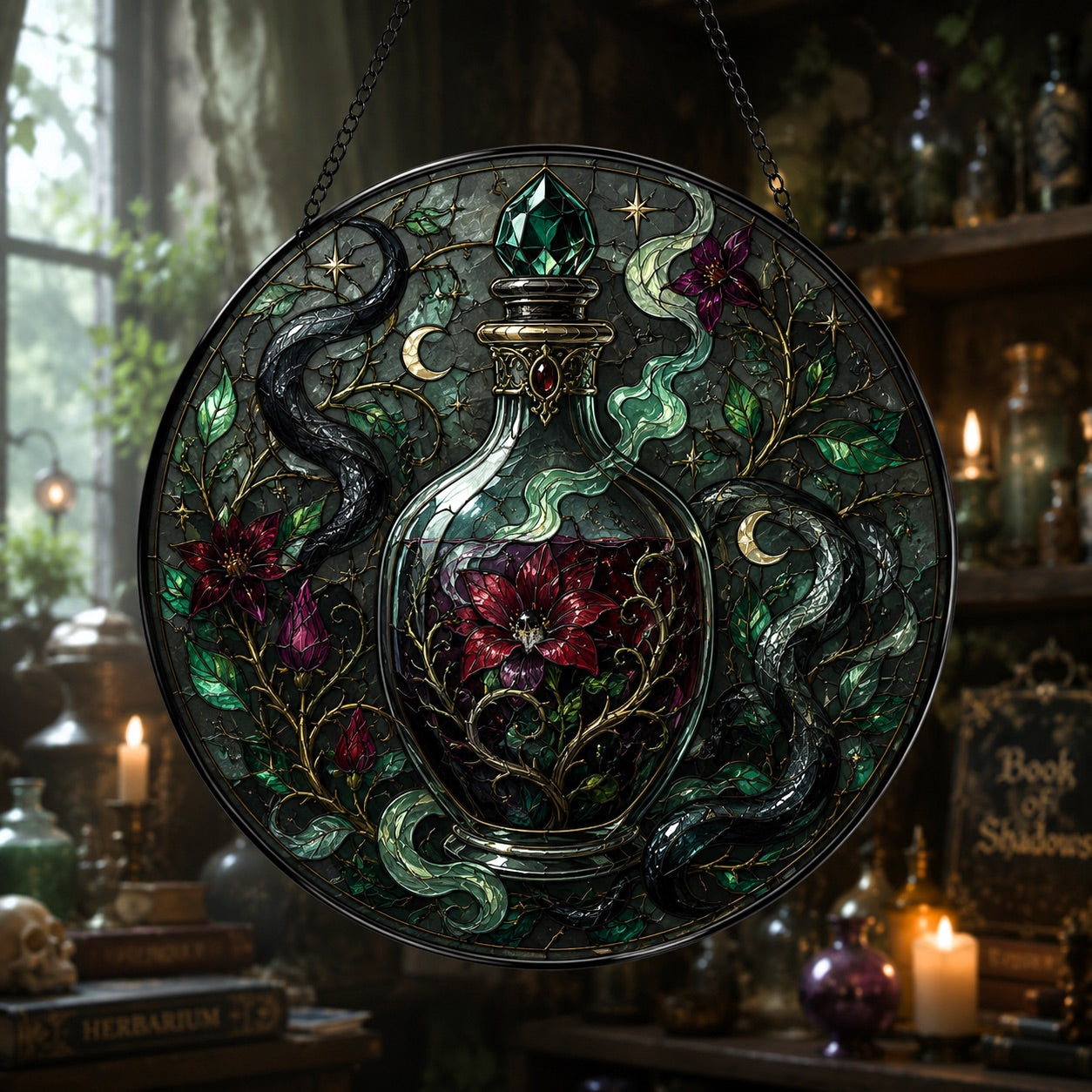 Poison Garden Potion Vial Glass Suncatcher - window display