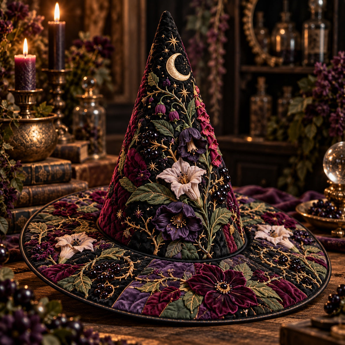 Poison Garden Quilted Witch Hat – Foxglove Nightshade Wide Brim Hat – styled with candles and crystals
