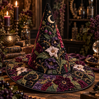Poison Garden Quilted Witch Hat – Foxglove Nightshade Wide Brim Hat – styled with candles and crystals