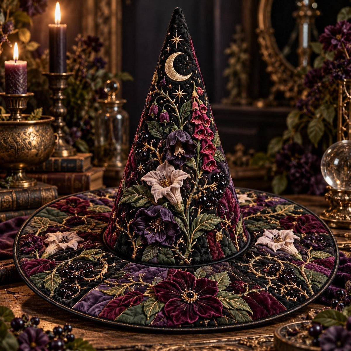 Poison Garden Quilted Witch Hat – Foxglove Nightshade Wide Brim Hat – styled with candles and crystals