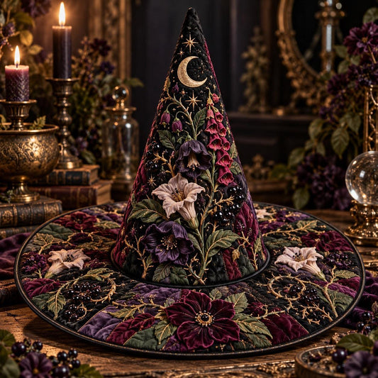 Poison Garden Quilted Witch Hat – Foxglove Nightshade Wide Brim Hat – styled with candles and crystals
