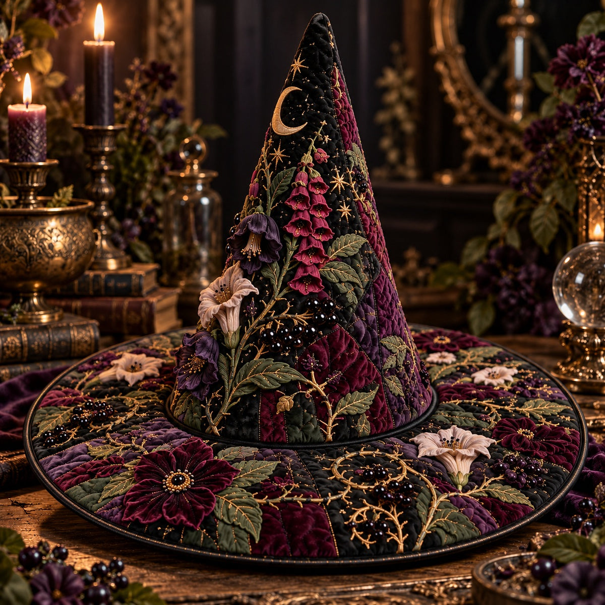 Poison Garden Quilted Witch Hat – Foxglove Nightshade Wide Brim Hat – styled with candles and crystals