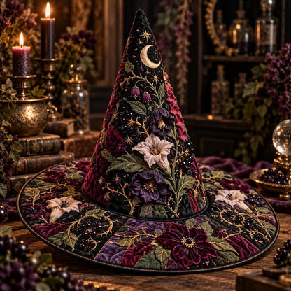 Poison Garden Quilted Witch Hat – Foxglove Nightshade Wide Brim Hat – held in both hands